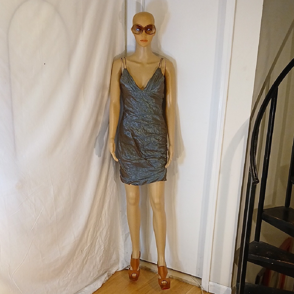 NWOT Carmen Marco Valvo (Couture) Iridescent Dark Green Ruched Dress.